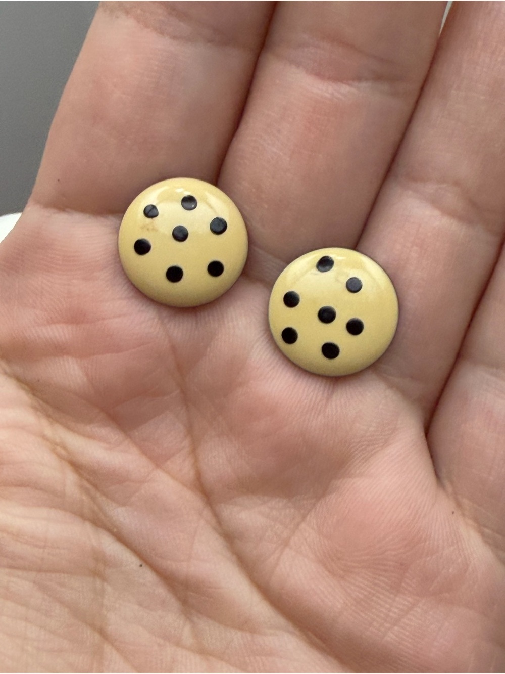 Yellow Button Stud Earrings with Black Dot Detail